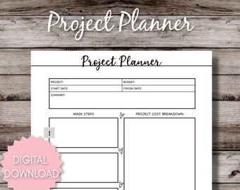 May include: A black and white printable project planner with sections for project name, start date, summary, budget, finish date, main steps, and project cost breakdown. The planner has three numbered boxes for main steps and a large box for project cost breakdown. The planner also includes a notes section at the bottom.