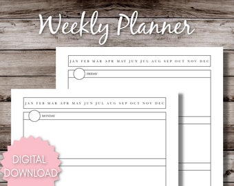 May include: A printable weekly planner with a black and white design. The planner has a section for each day of the week, with space for writing tasks and appointments. The planner also includes a section for notes and a section for goals.