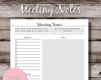 May include: A printable meeting notes template with a calendar, space for attendees, agenda, and notes. The calendar includes the months of January through December and the days of the week.