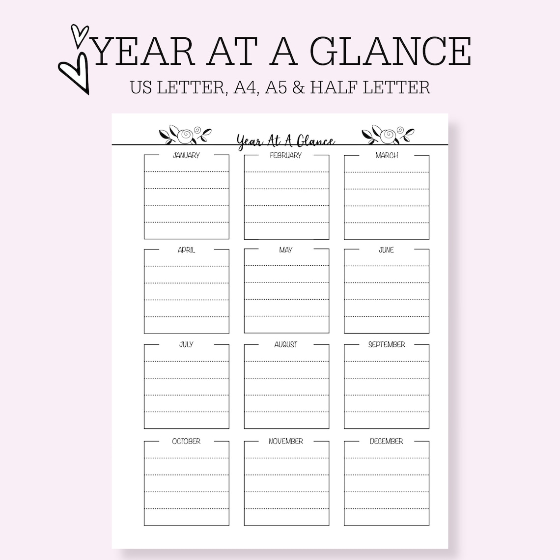 Year at a glance planner printable etsy