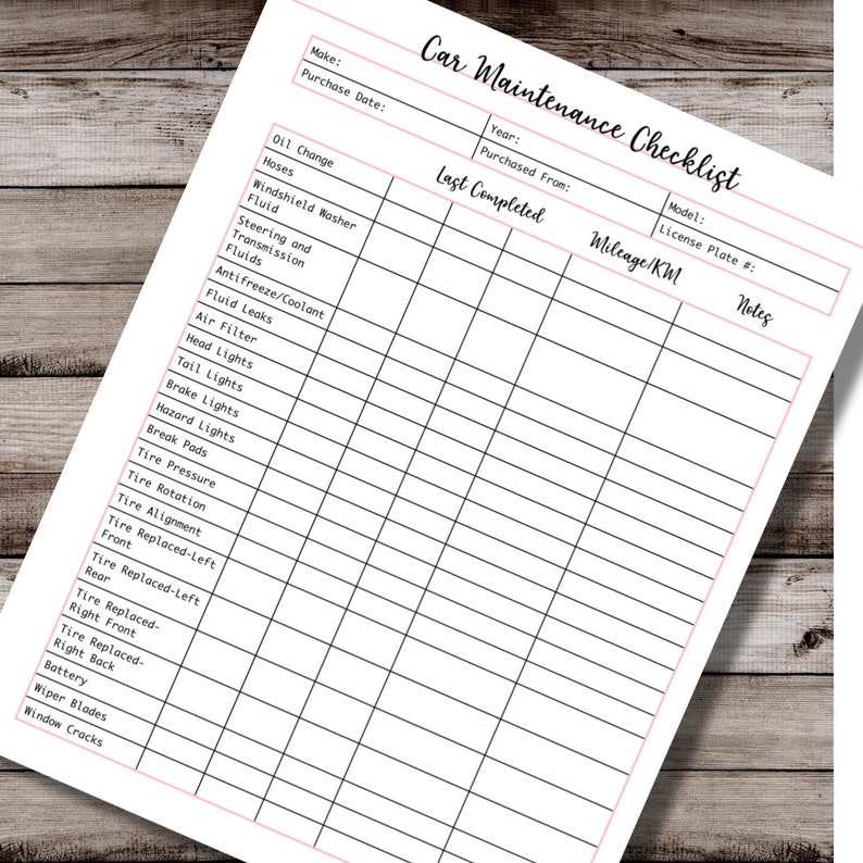 Car Maintenance Printable Checklist