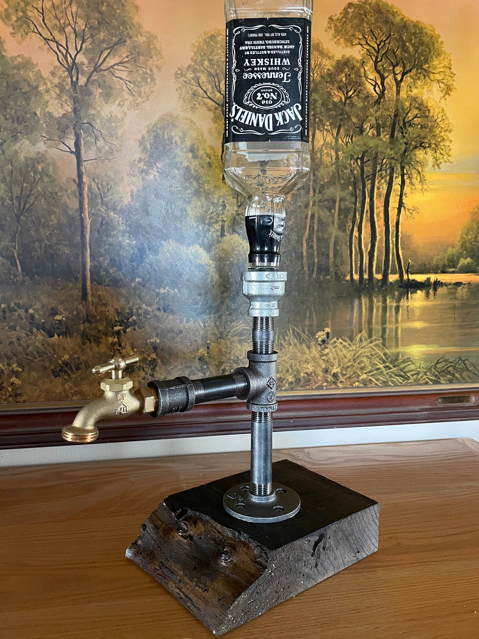 Liquor dispenser with interesting wood base Etsy