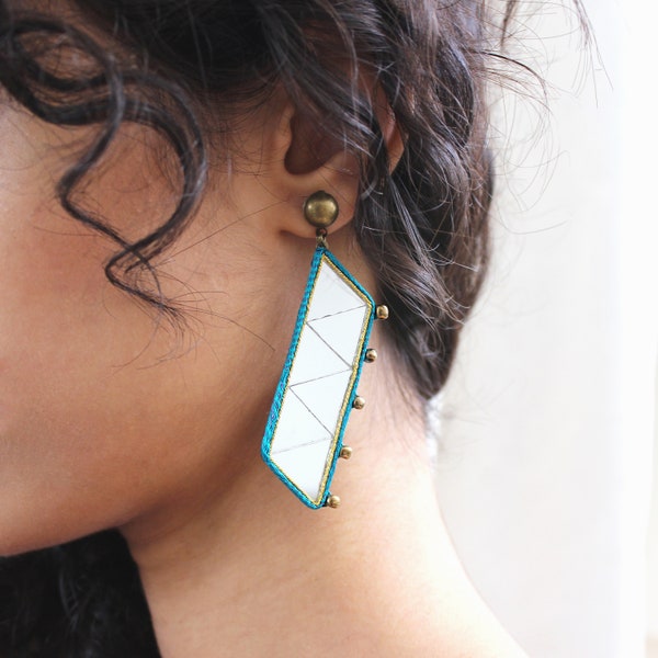 Handmade statement Earrings/ Boho Persian Design/ inspired by the mirror works of Qajar era/ Threader Earrings/ Mirror Earrings