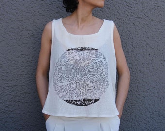 Hand printed organic linen clothing, Summer top