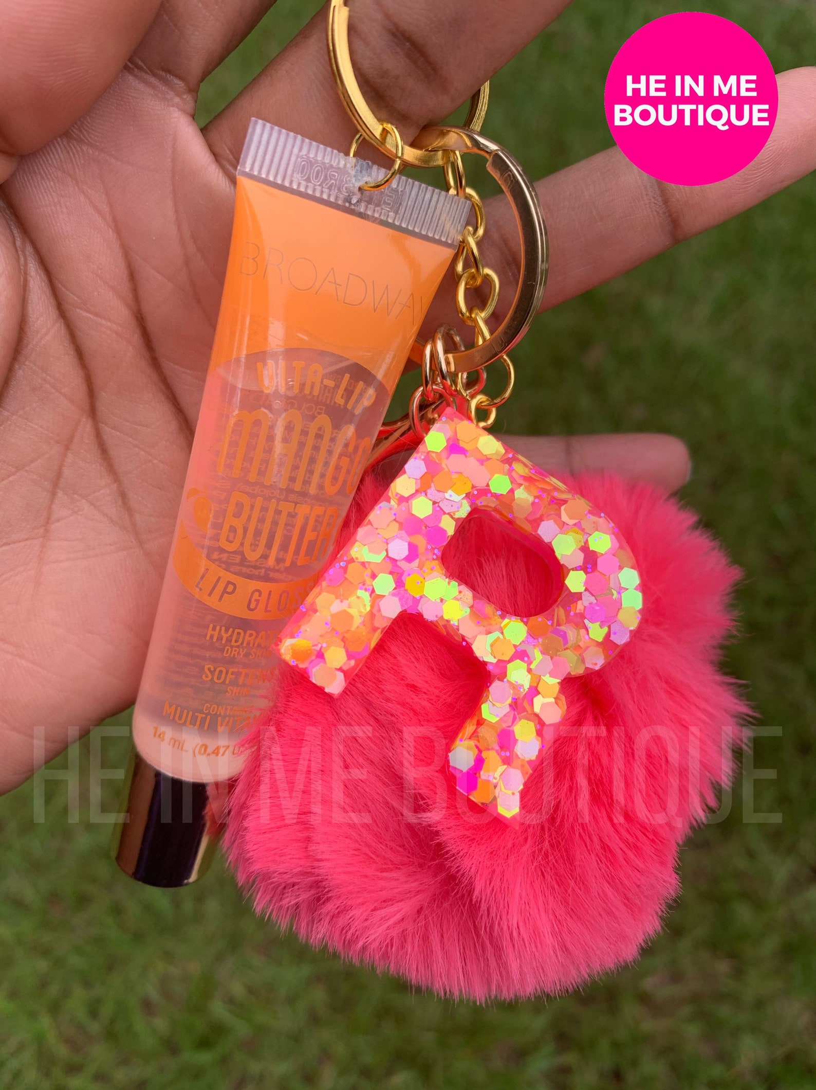 Pom Pom Lip Gloss Key Chain With Initial Letter Pink Mango Etsy