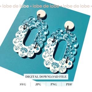 May include: A pair of white acrylic earrings with a floral pattern and a scalloped edge. The earrings are translucent and have a blue tint. The earrings are hanging from a white post.