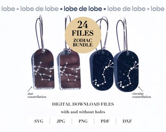 May include: A digital download bundle of 24 SVG, JPG, PNG, PDF, and DXF files featuring zodiac constellation earrings. The earrings are shown in two styles: a star constellation on a mirrored background and a circular constellation on a black background.