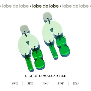 May include: A pair of green and light green acrylic earrings with a geometric design. The earrings are made of multiple shapes and are connected by small metal rings.
