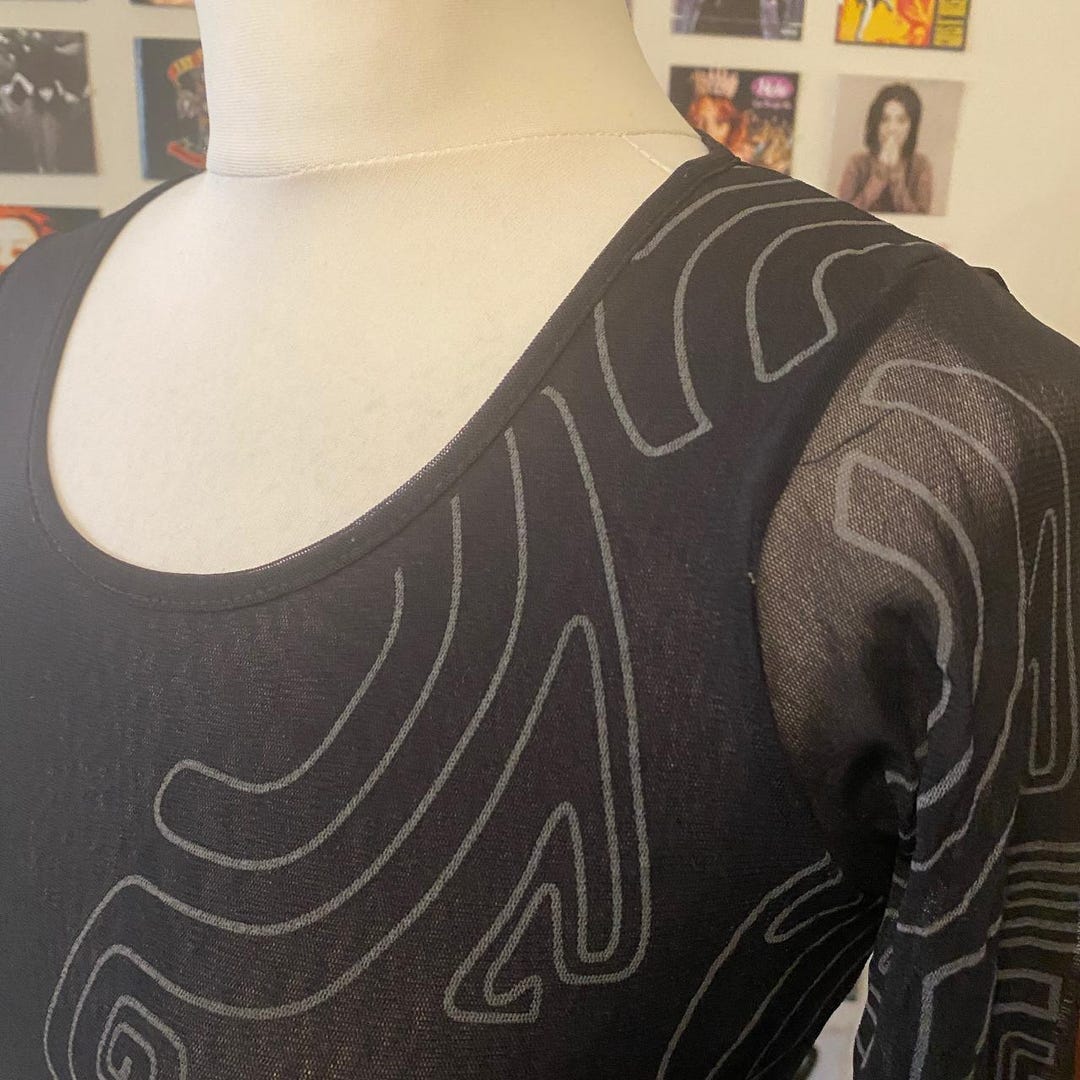 French Archive Mesh Top Black Graphics Lettuce Hem Vintage