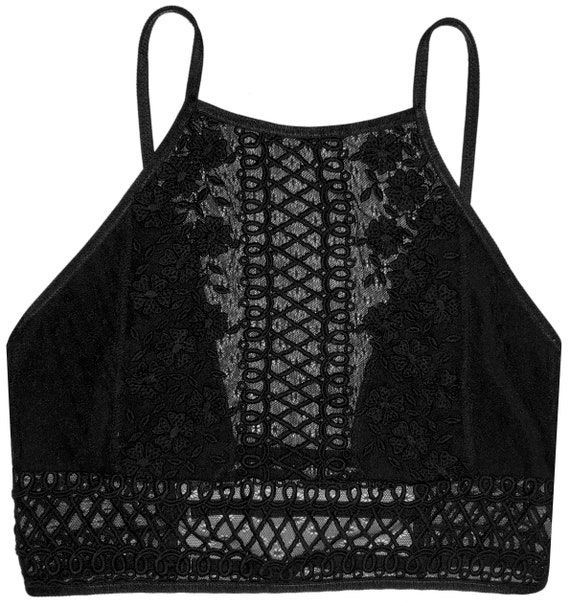 Embroidered Floral Lace Halter Bralette or Crop Top Square High Neck Bra  Sheer Mesh Illusion Front Fairy Bridal Separates 