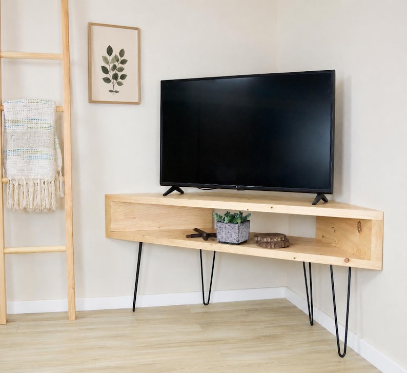 Corner TV Stand – Wood Media Console Table – Handmade with Hairpin Legs bild 3