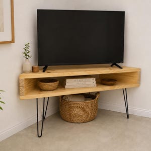 Corner TV Stand – Wood Media Console Table – Handmade with Hairpin Legs bild 4