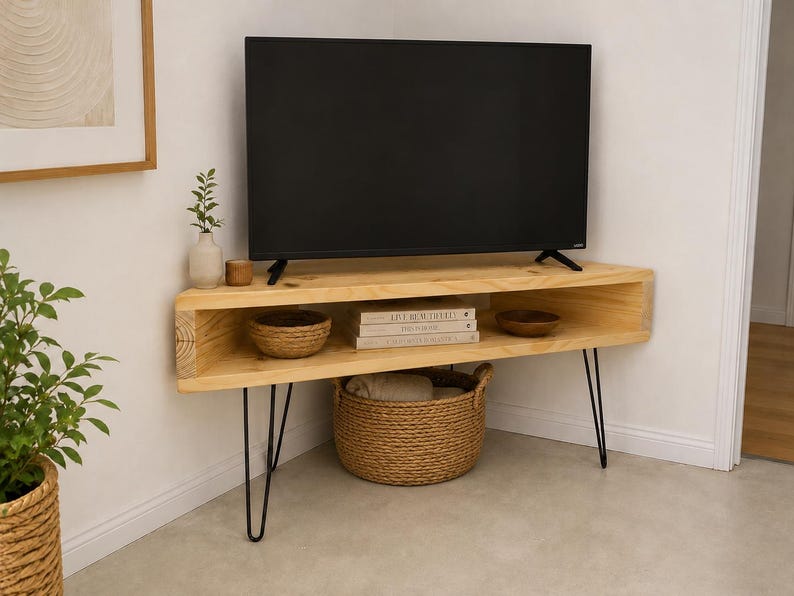 Corner TV Stand – Wood Media Console Table – Handmade with Hairpin Legs bild 4