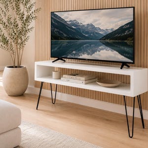 May include: A modern white TV stand with black hairpin legs, holding a flat-screen television displaying a mountain lake scene. The stand has an open shelf with books, a small bowl, and a candle. A large potted plant is to the left.