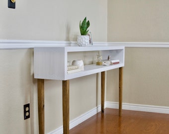 Tall Console Table, white Narrow entry way table, Mid Century, Hand made