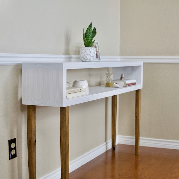 Tall Console Table, white Narrow entry way table, Mid Century, Hand made