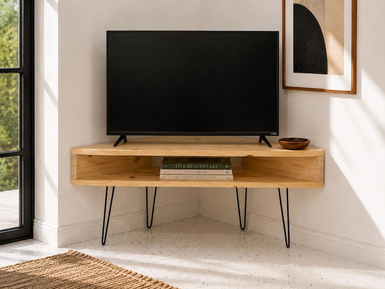 Corner TV Stand – Wood Media Console Table – Handmade with Hairpin Legs bild 2