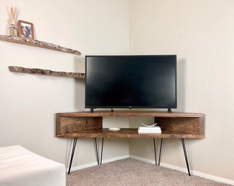 Corner Tv Media Console Table, Mid Century style hairpin legs