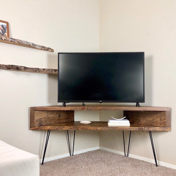 Corner Tv Media Console Table, Mid Century style hairpin legs