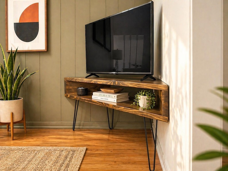 May include: A dark wood corner TV stand with a black flat-screen TV. The stand has hairpin legs and a shelf with books, a small plant, and a candle. The wall behind the stand is olive green.
