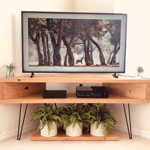 Corner tv console table , wood and hairpin legs