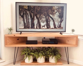 Corner TV Stand – Wood Media Console Table – Handmade with Hairpin Legs