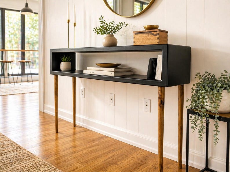 May include: A modern black console table with a rectangular top and open shelf. The table has four tapered wooden legs. Decorative items on the table include a small plant, books, and a wooden box. The table is placed against a white wall.