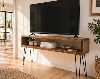 Handmade Mid Century Modern TV Stand, Solid Wood Media Console with Hairpin Legs