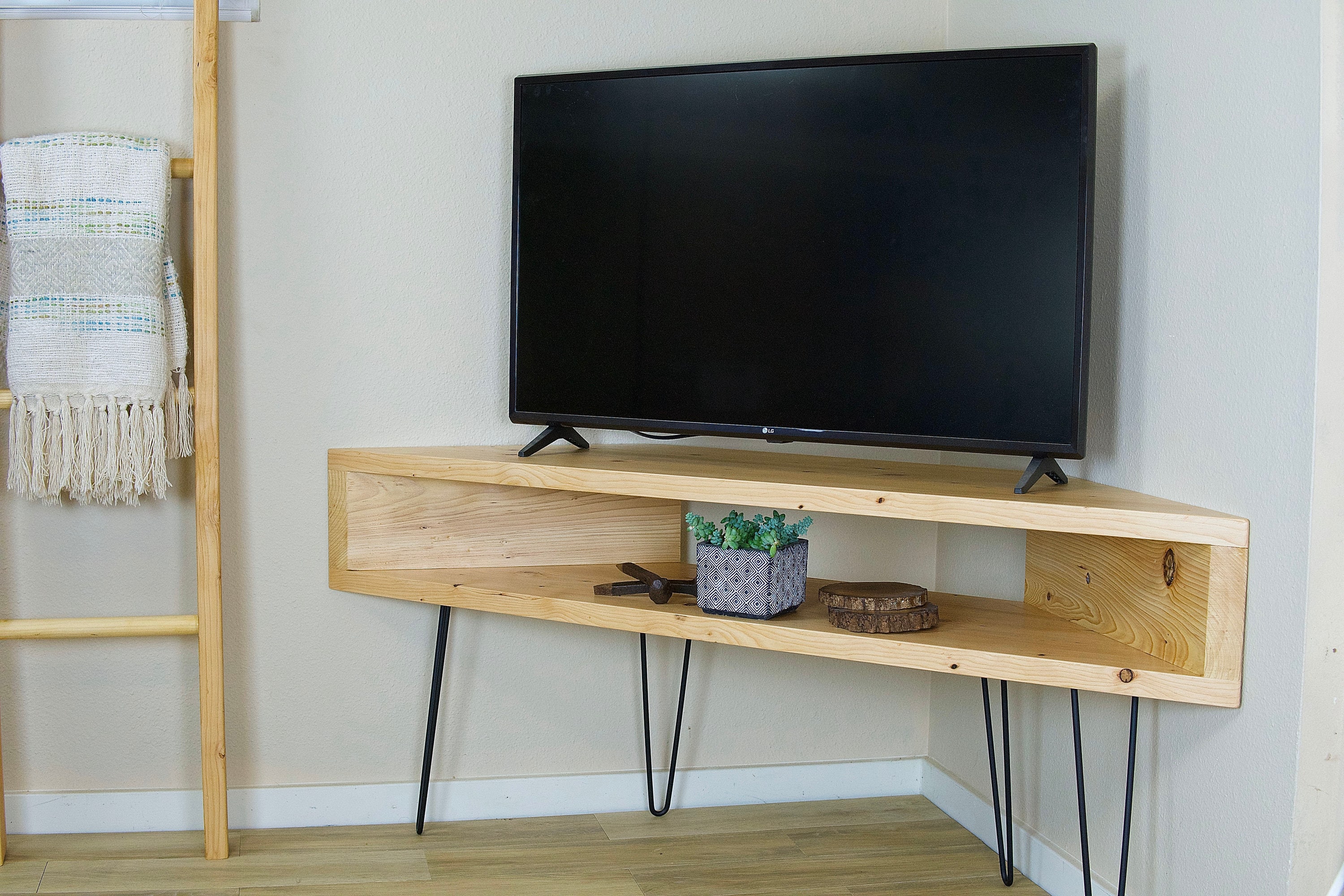 Corner tv console table wood and hairpin legs Etsy