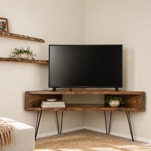 Solid wood Corner Tv Media Console Table - MCM hairpin legs - Handmade in TX