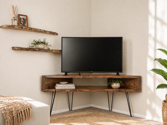 Solid wood Corner Tv Media Console Table - MCM hairpin legs - Handmade in TX