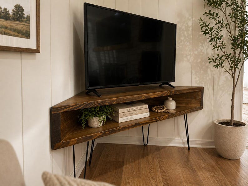 May include: A dark brown, corner TV stand with a black TV on top. The stand has a shelf with books, a small plant, and decorative items. The stand is supported by black hairpin legs. The room has a light wood floor and white walls.