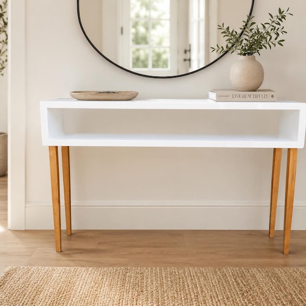 Narrow Solid Wood Console Table, Square Tapered Legs, Mid-Century Modern Entryway Table