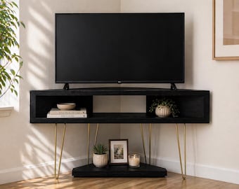 Wood Corner TV Stand | Mid Century Modern Media Console with Gold Hairpin Legs