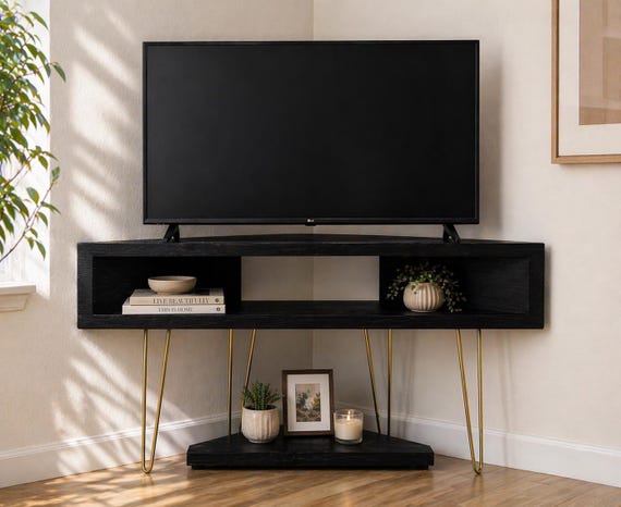 Wood Corner TV Stand | Mid Century Modern Media Console with Gold Hairpin Legs