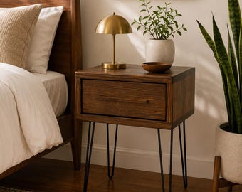 Solid Wood Nightstand with Drawer, Handmade Mid Century Modern Bedside Table, Wood Side Table with Hairpin Legs
