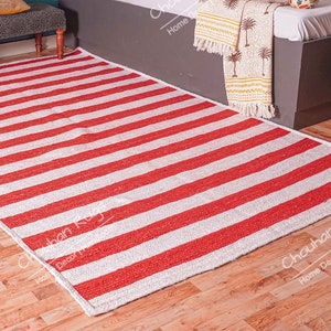 White with Red Stripes Jute Braided Rectangle Rug Traditional Design Indian Handmade Rug Large Area