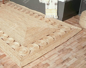 Alfombra india hecha a mano de yute natural trenzada festoneada, alfombra rectangular junto a la cama, nuevo regalo para el hogar, decoración del hogar, alfombra de patio, alfombra de decoración de sala de estar