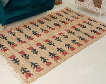 Hand Woven Jute Rug, Flower and Diamond Pattern Boho Style Jute Cotton Carpet, Rustic Living Room Rug, Cozy Home Decor Rug