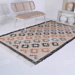 Handwoven Beige Red Black Designed Wool Jute Kilim Premium Flatweave Scandinavian Rug