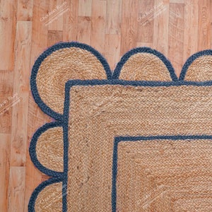 Indian Hand Braided Natural Jute Scallop Runner Rug with Navy Blue Border, Jute Runner Rug, Hallway Runner Rug, Runner Custom Rug