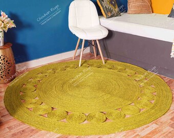 Custom Size Hand Braided Yellow and Red Jute Round Scalloped Rug Handmade Jute Rug Yoga Mat Boho Home Decor Room Decor Vintage Rug