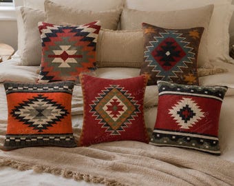 Set of 5 Wool jute Vintage Kilim Pillows, Home Decor, Handwoven Turkish Pillow Covers, Decorative Throw Pillow, Kilim Cushion Covers