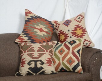 3 Set of Indian wool Jute Kilim Cushion Cover Hand-woven Throw Pillow Sham 3034