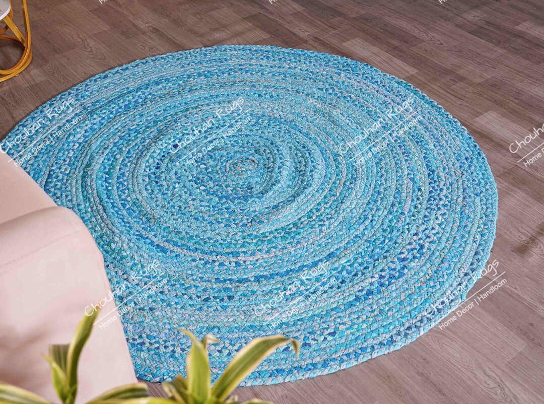 Tappeto Chindi In Cotone Riciclato – 70x50 Cm, Blu Multi, Fatto A Mano, Reversibile, Ecologico Per Ingresso/cucina
