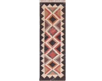 Handmade Kilim Runner; Wool Jute Runner; Kilim Dhurrie; Traditional Style; Geometric Shape, Victorian, Hipster, Hippie; FREE SHIPPIING