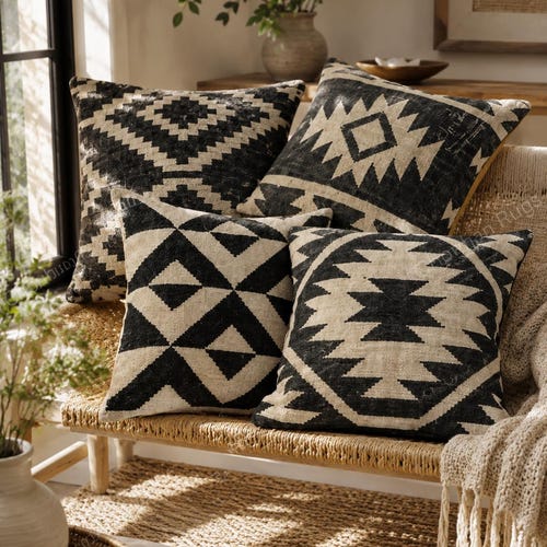 Lot de 4 housses de coussin carrées décoratives en jute tissées à la main en Inde (45 x 45 cm).