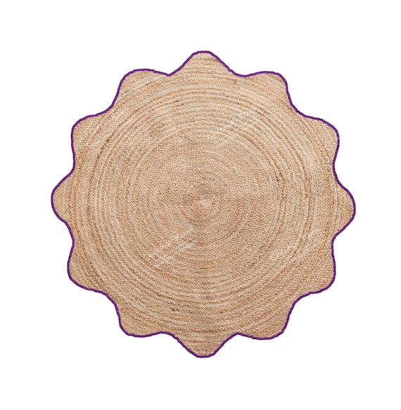 Hand Braided Jute Round Rug: Color Scalloped Border, Bohemian Decor