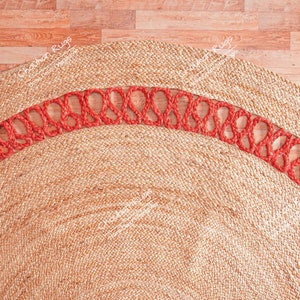 Hand Braided Round Jute Rug With Red Lattice Border, Custom Size Rug, Christmas Gift, Indian Handmade Jute Rug, Home Decor Rug, Moroccan Rug image 2