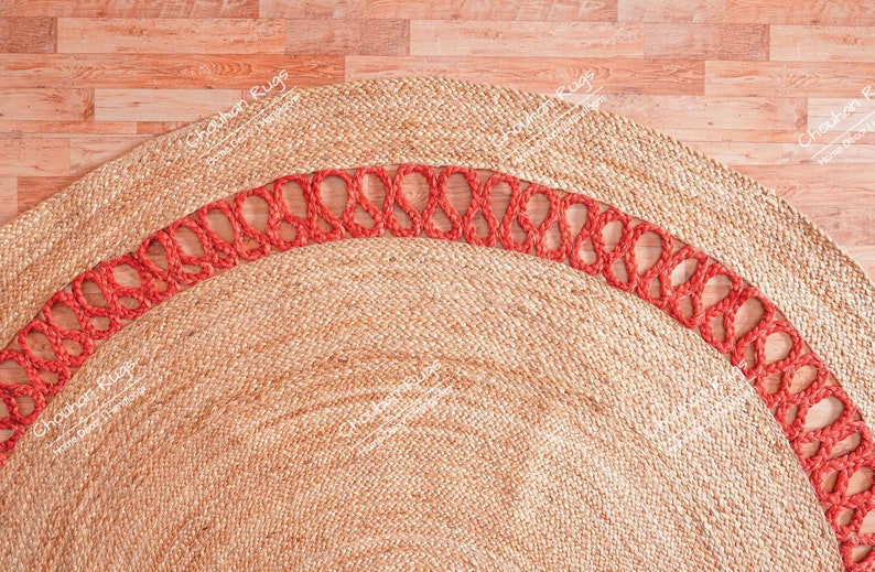 Hand Braided Round Jute Rug With Red Lattice Border, Custom Size Rug, Christmas Gift, Indian Handmade Jute Rug, Home Decor Rug, Moroccan Rug image 2